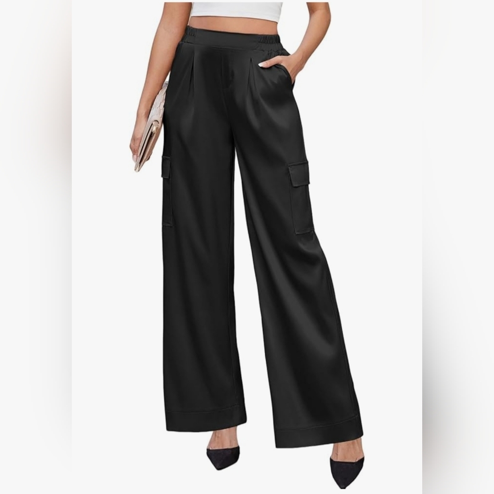 Black Wide-Leg Satin Cargo Pants